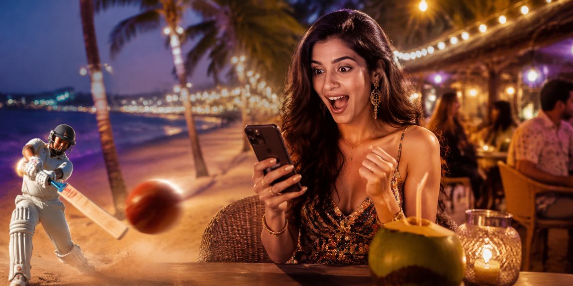 User playing casino games on mobile phone on Goa beach using UPI payment