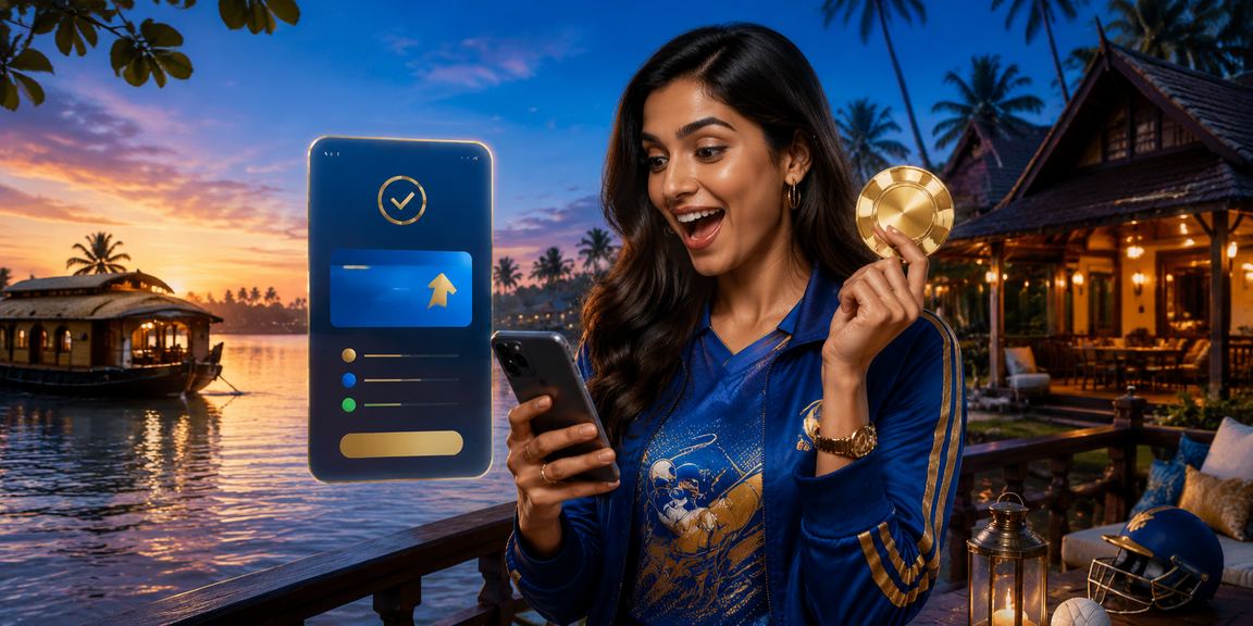 Kerala cricket betting vibrant blue and gold theme